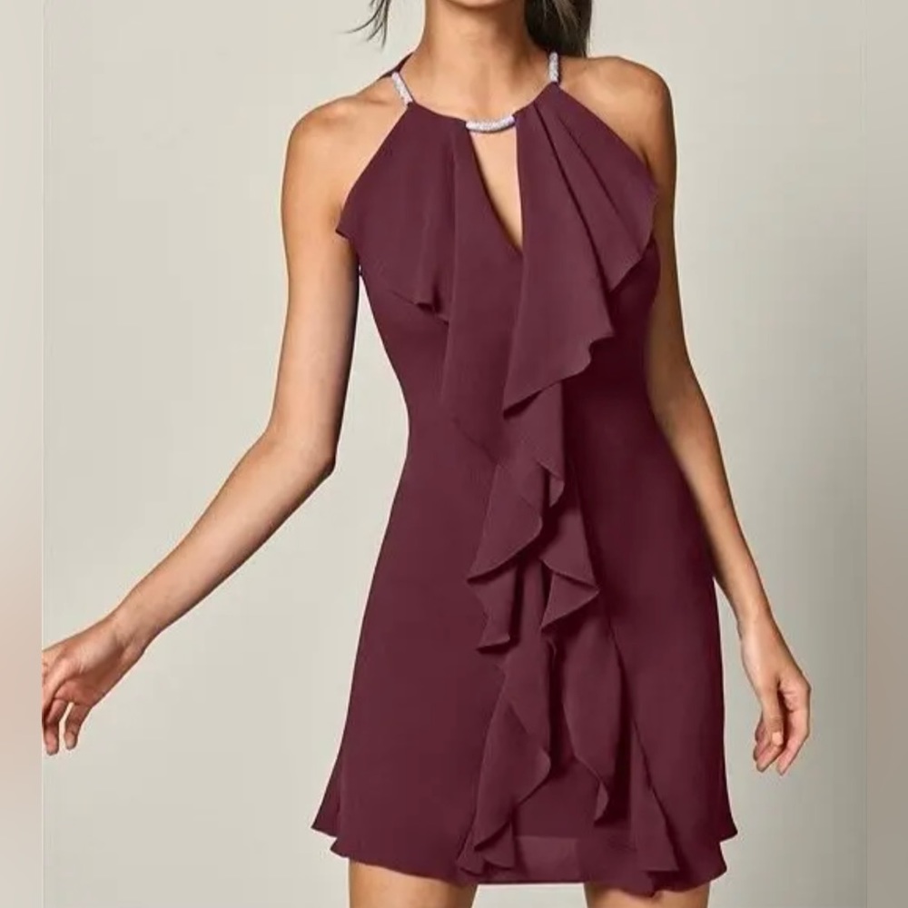 NWOT VENUS Embellished Halter, Ruffled Fit and Flare Party Dress. Size: 10